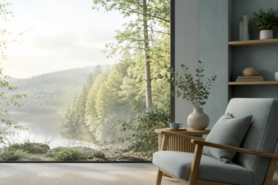 A calm Scandinavian room looking out to woodland and water
